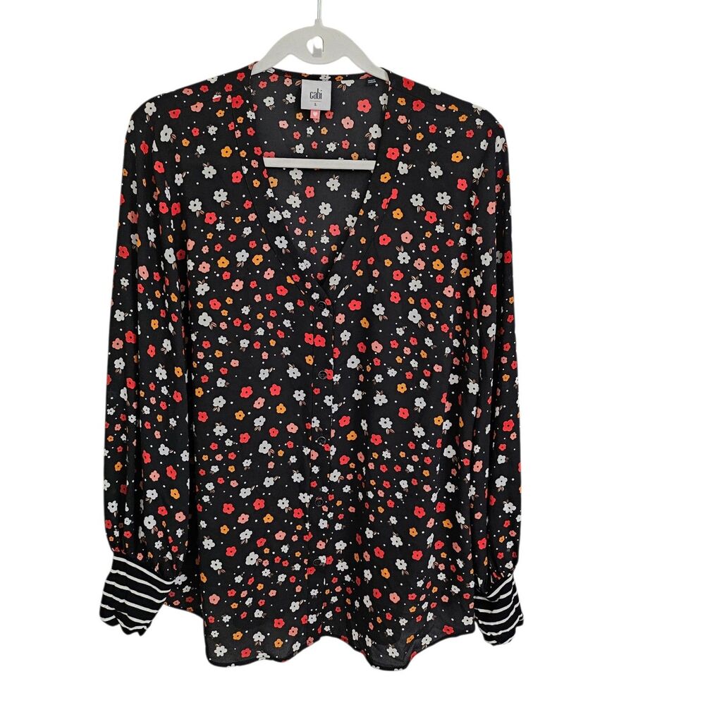 CAbi 3957 Cheerful Blouse Large Black Floral Striped Button Front Long Sleeve